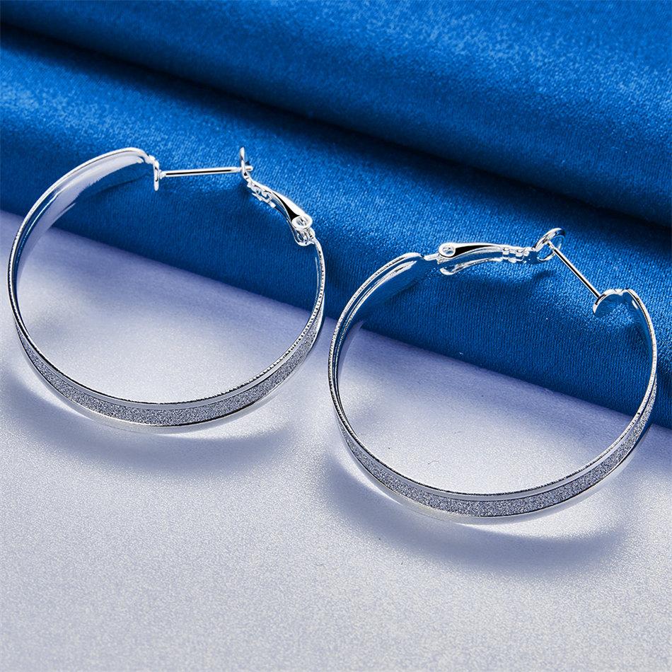 1 Pair of 925 Sterling Silver 37mm Large Round Frosted Hoop Earrings for Women Gift Fashion Jewelry Accessories Party