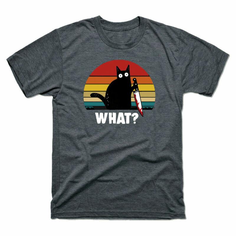 Cat What Funny Black CaT-shirt Murderous Cat with Knife T-shirt Men Retro Tee L