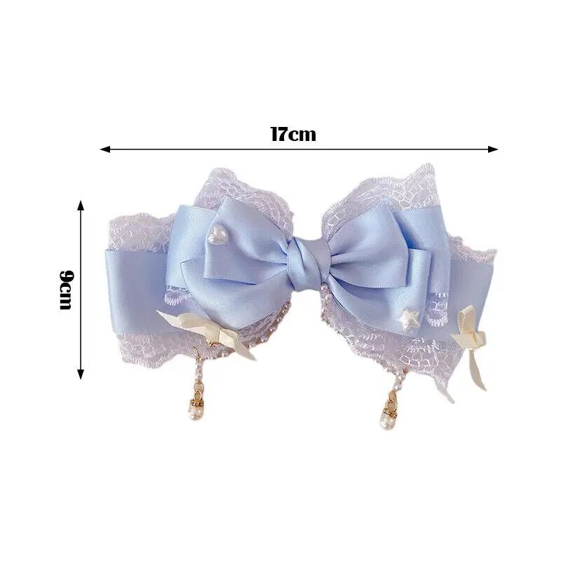 Damen Rosa Lila Blau Grün Lolita Stil Haarspange Schleife Spitze mit Perlenbesatz Handgefertigt Cosplay Kopfschmuck Accessoire