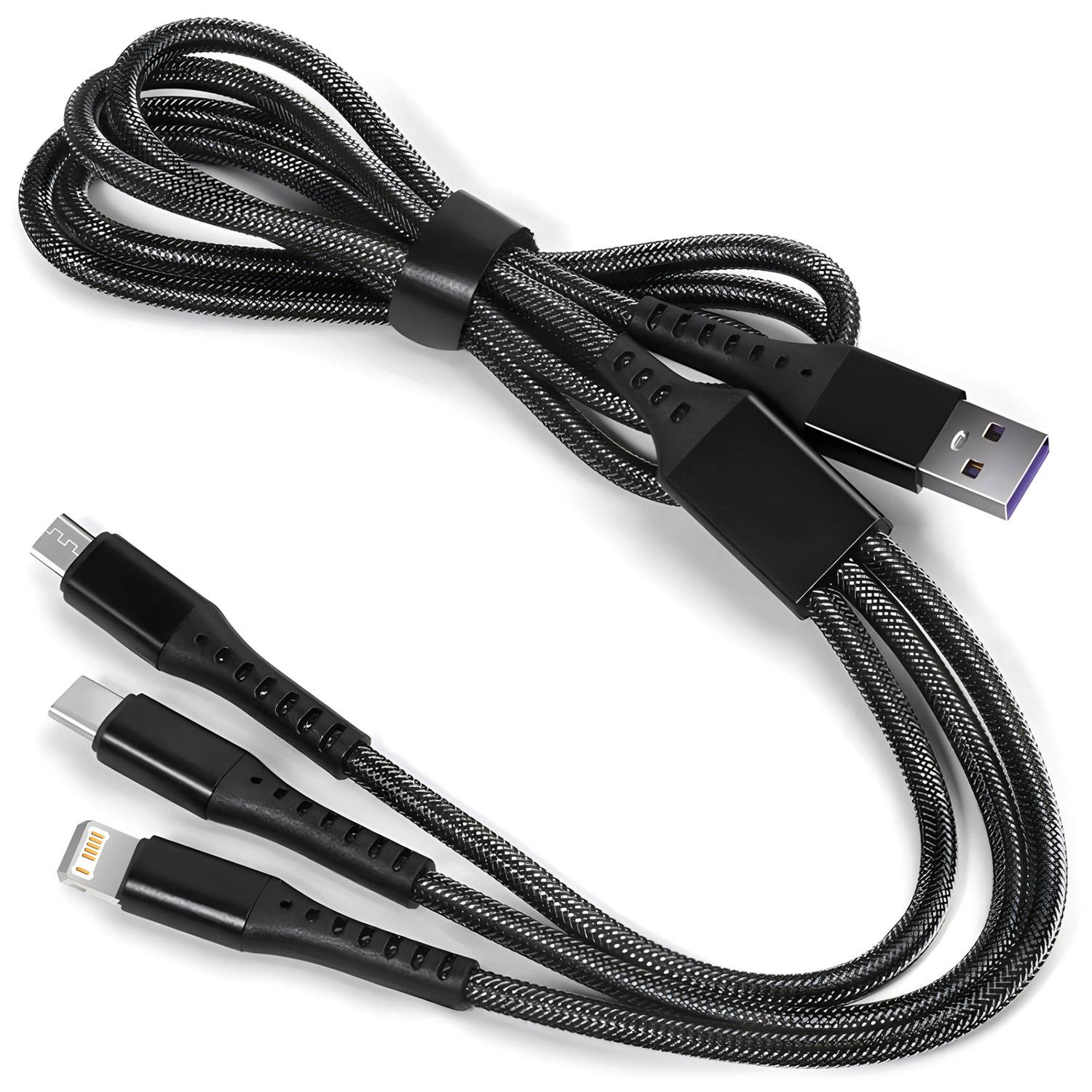 

3 в 1 5A USB кабель для быстрой зарядки Type C Micro IOS Multi Charger Cable для iPhone Huawei Xiaomi Samsung нейлоновый плетеный шнур чёрный