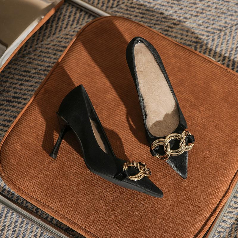 85506 high heels women's spring 2025 new European and American style metal chain pointed head shallow mouth stiletto shoes