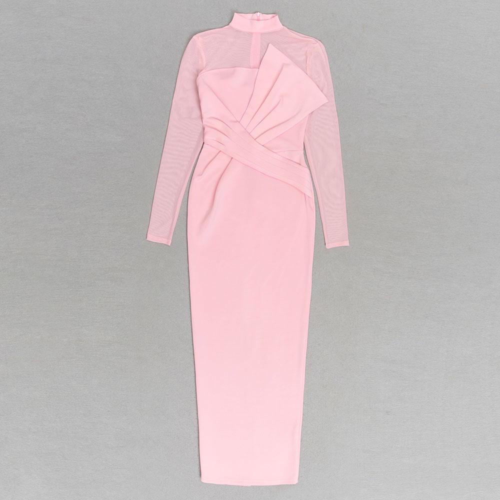 Elegant European & American Style Round Neck Mesh Long Sleeve Bodycon Dress