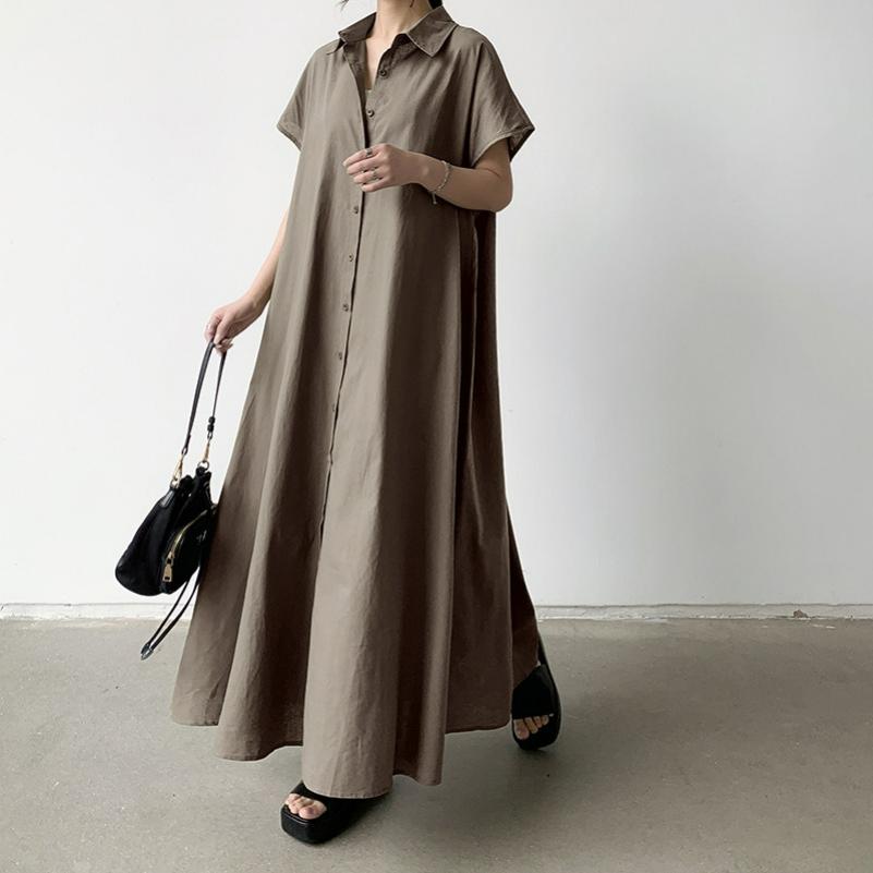 

Outer Single Skirt Short-sleeved Cotton and Linen Dress Women Loose Lapel Casual Shirt Skirt 2XL кавовий