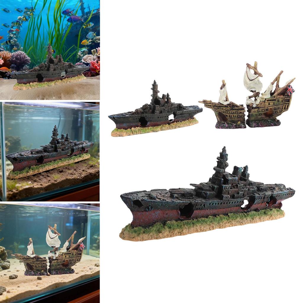 Aquarium Shipwreck Decoration Play Rest Fish Favors Toy Resin Sunken Ship Fish Tank Ornament for Lizard Shrimp House Tortoise