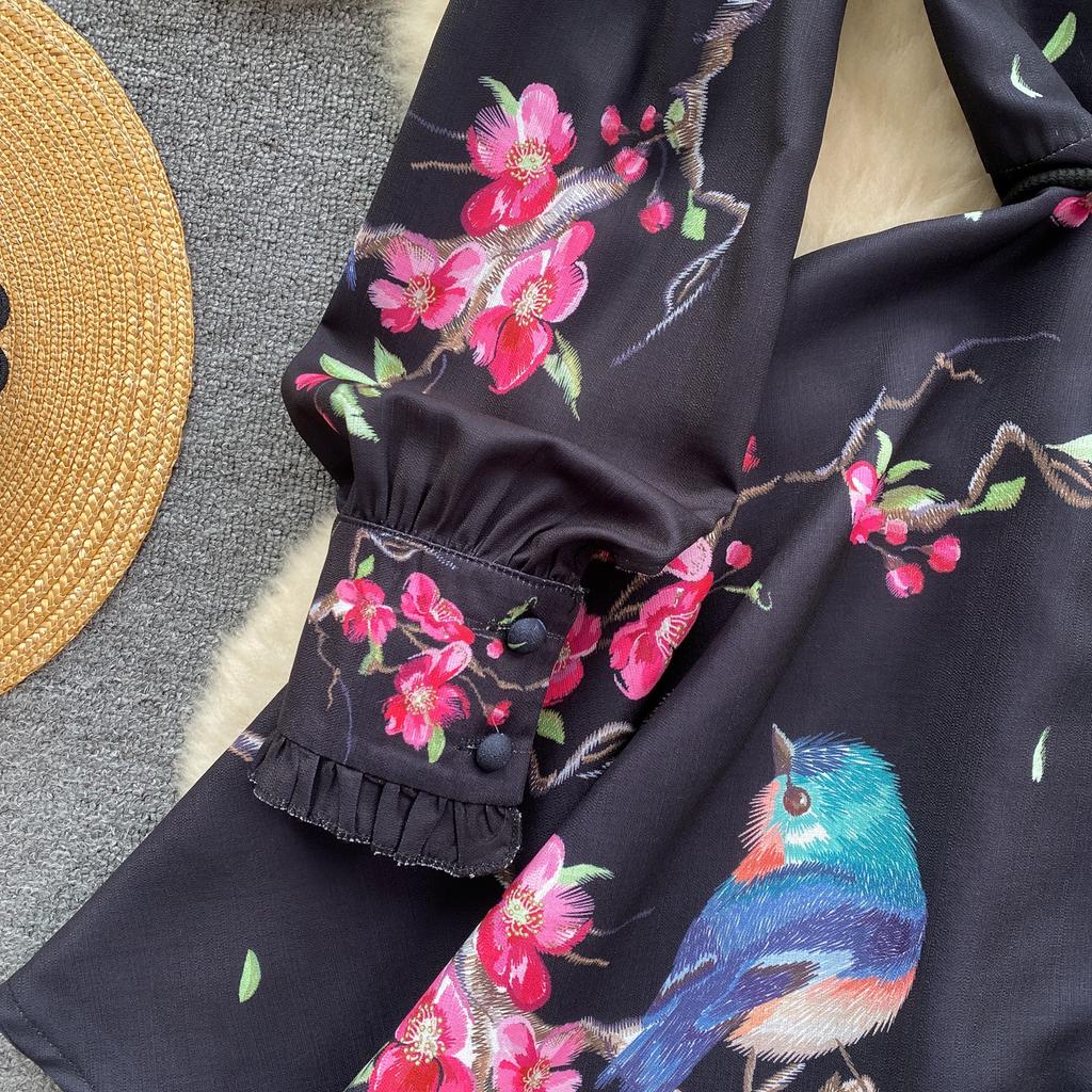 French Chic Retro Vestidos Female Long Sleeve Printed A-line Bodycon Dress Spring Lace-up Pleated Dresses Button Dropshipping