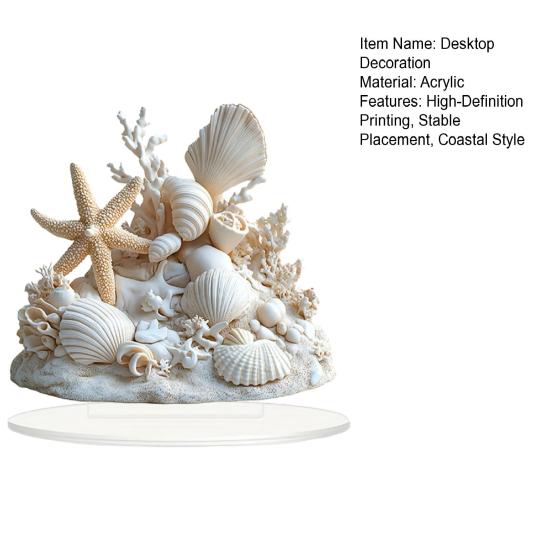 Yousheng Coastal Shell Coral Ornament, 2D Flat Acrylic Starfish Decoration with Base, Ocean Shells Table Centerpiece Ornament for Home Desk Shelf