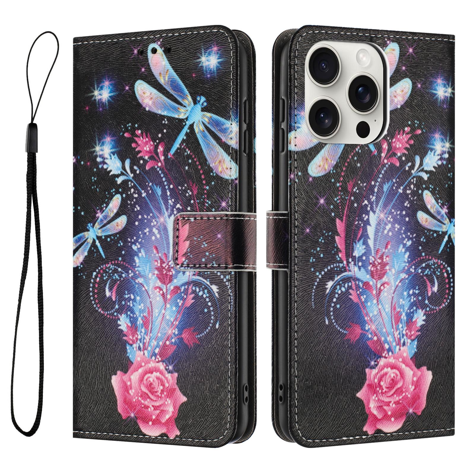 

YX-2501 For iPhone 15 Pro Stand Case Pattern Printing PU Leather Wallet Phone Cover with Lanyard Dragonfly