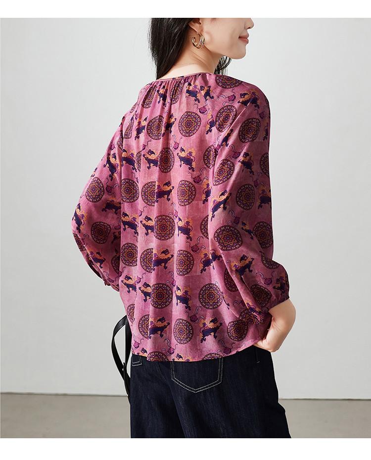 100% Mulberry Silk Printed Shirt for Women's 2026 Spring Commuting Versatile Round Neck Silk Top
