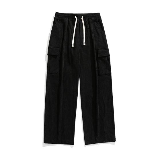 Men Pants Elastic Waist Adjustable Drawstring Long Pants with Flap Pockets Solid Color Loose