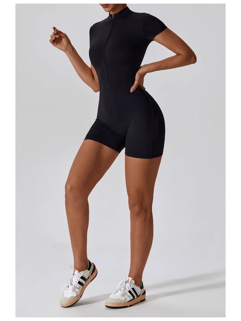 Women's Summer Zipper Short Sleeve Yoga Bodysuit Jumpsuit