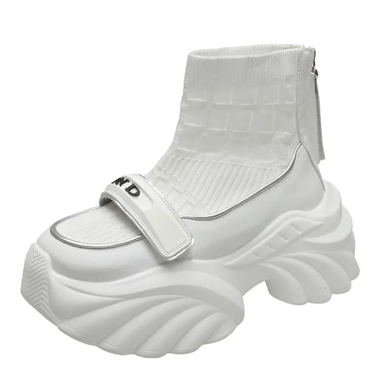 Fashion Knitting High Platform Sneakers Women Autumn Thick Bottom Short Sock Boots Non-slip Motorcycle Chunky Shoes Booties Mujer 8.5CM