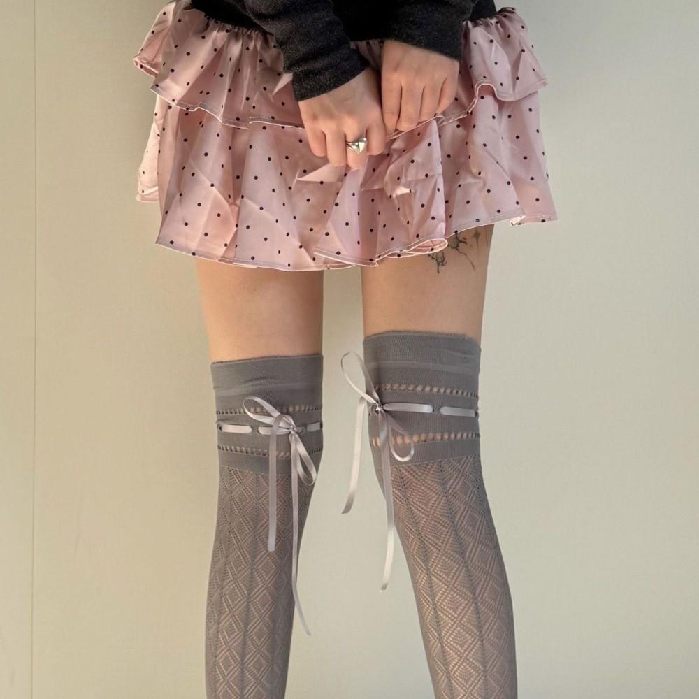 Bowknot Straps Design Thigh High Stockings Thin Fishnet Breathable Comfortable Women Long Socks Middle Tube Calf Socks