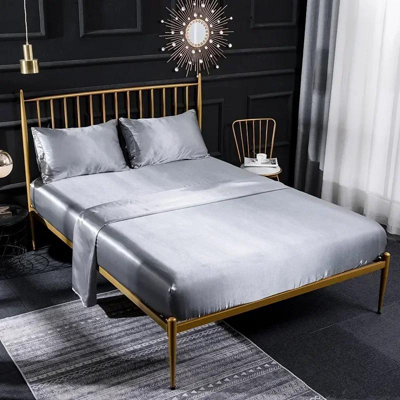 Luxury Satin Bed Sheets Set King Queen Size Fitted Sheet with Pillowcases Single Double Home Solid Color Faux Silk Bedding Set