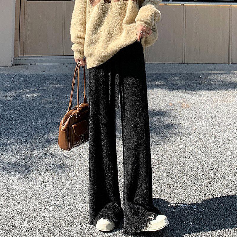 Damen Frühling/Sommer Fransenquasten Strick Weitbein Hose mit Samt Nerzfell, Bodenlang, Mikro Flare.