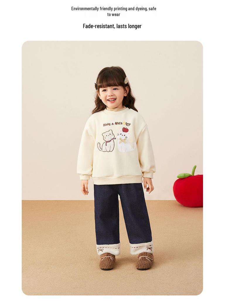 Antibacterial Temperature Lock Plus Velvet Warm Wide-Leg Girls' Jeans - Baby/Toddler Autumn & Winter Pants