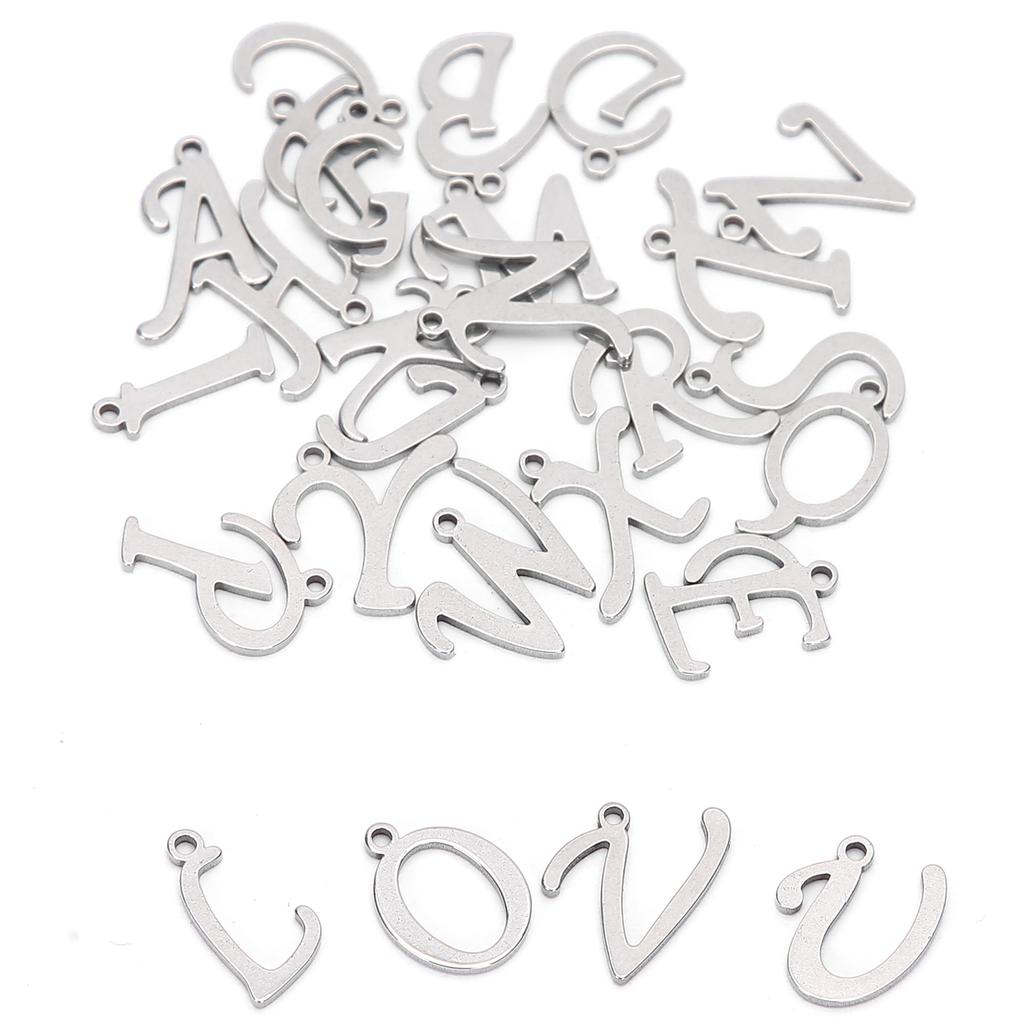 26Pcs DIY Letter Pendant HandMade Necklace Bracelets Jewelry Crafts Accessories(Stainless Steel Color 26Pcs Bag )