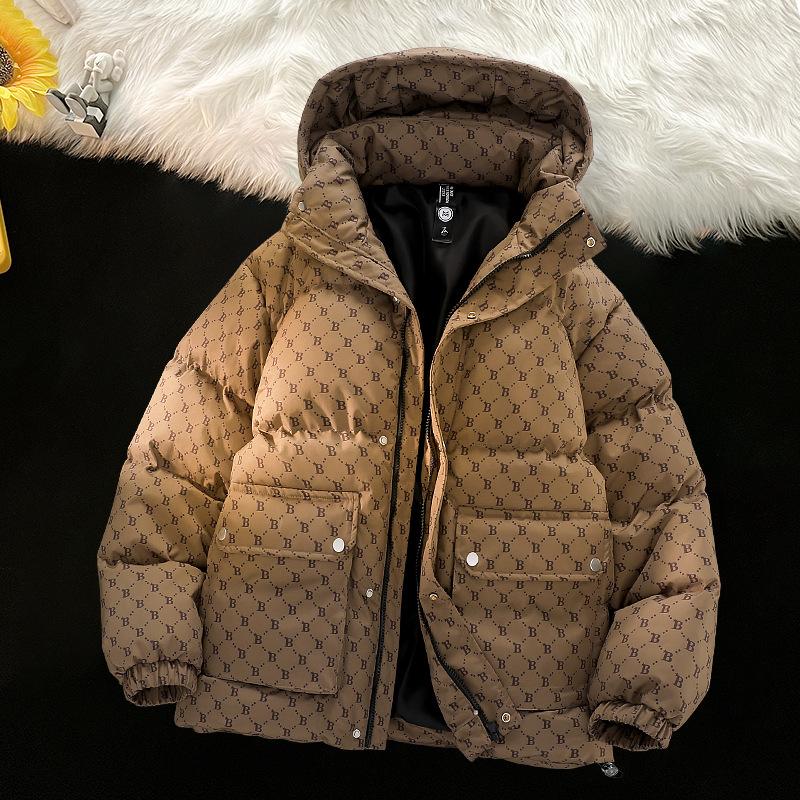 Winter Warm Cotton Jacket for Men's Short Removable Hat Jacquard New Thickened High-end Cotton Jacket Trendy Hooded Jacket