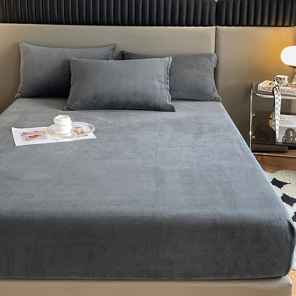 

Velvet Fitted Sheet Twin Size,Fleece Plush Bed Sheet Mattress Protector Cover with 15 Deep Pocket Warm Fuzzy Bottom Sheet Lavender Only Pillowcase темно-серого
