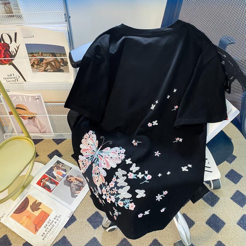 Chinese Style Embroidered T-shirt Summer Round Neck Loose Women's Short Sleeved Tee Butterfly Pattern Korean Casual Top