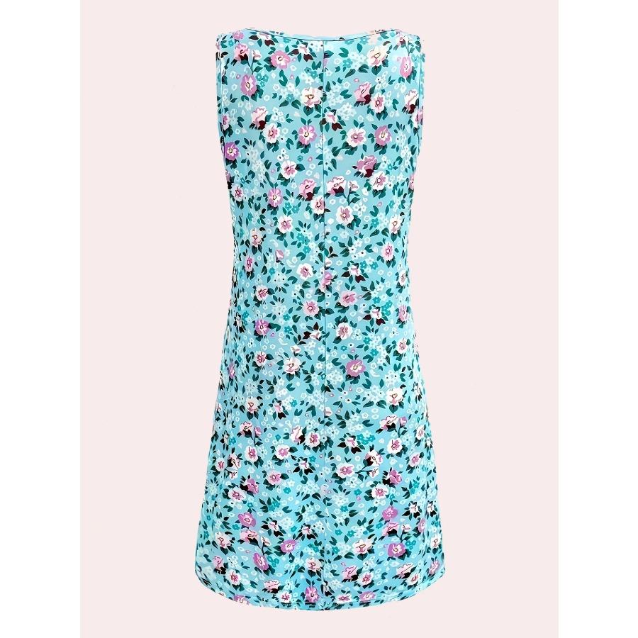 Elegant Light Blue Floral Print Sleeveless Dress Women's Summer Hawaiian Vacation Dress Tank Dress Y2k Ladies Clothes Girl Tops