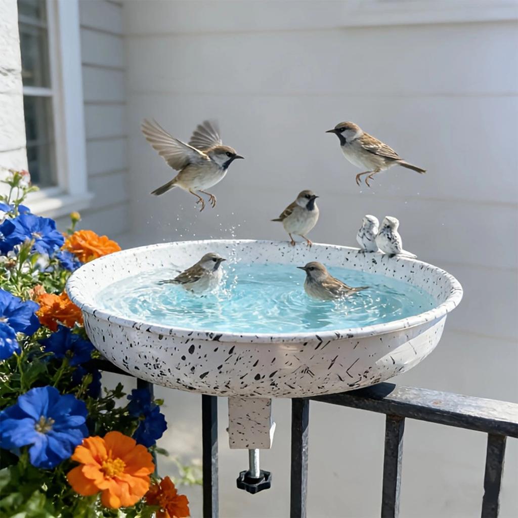 Metal Bird Bath Feeder with Clamp Mount for Outdoor Use Durable Weather-Resistant Design Suitable for Garden Balcony Deck and Patio