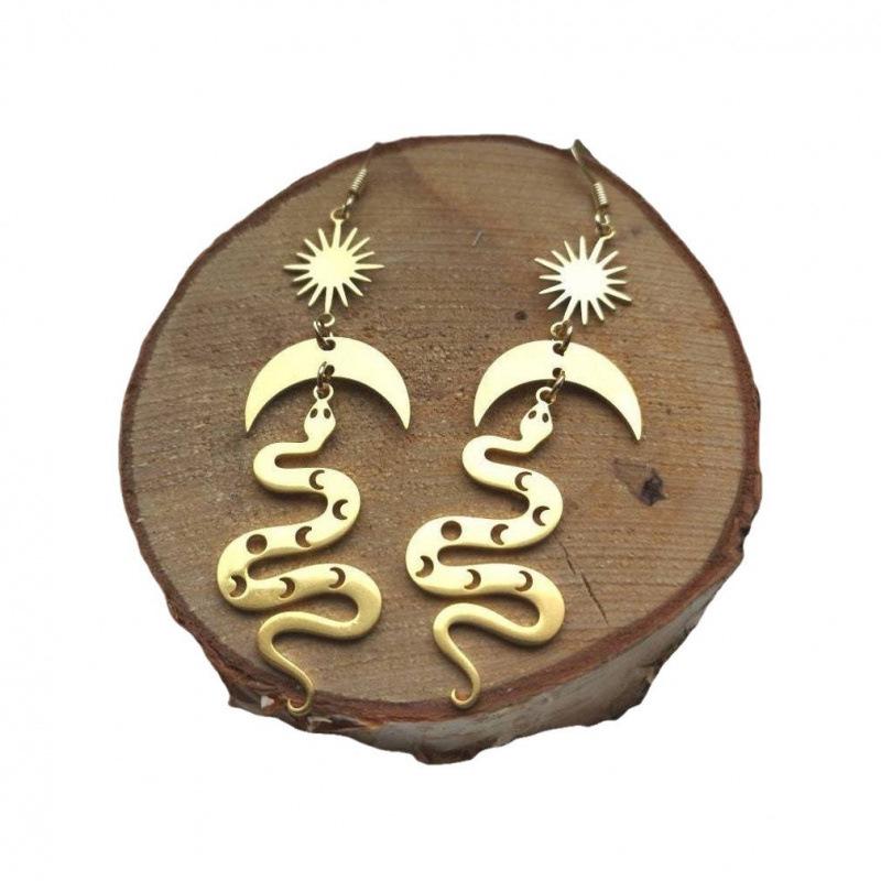 Celestial Sun Moon Brass Earrings with Snake Charm