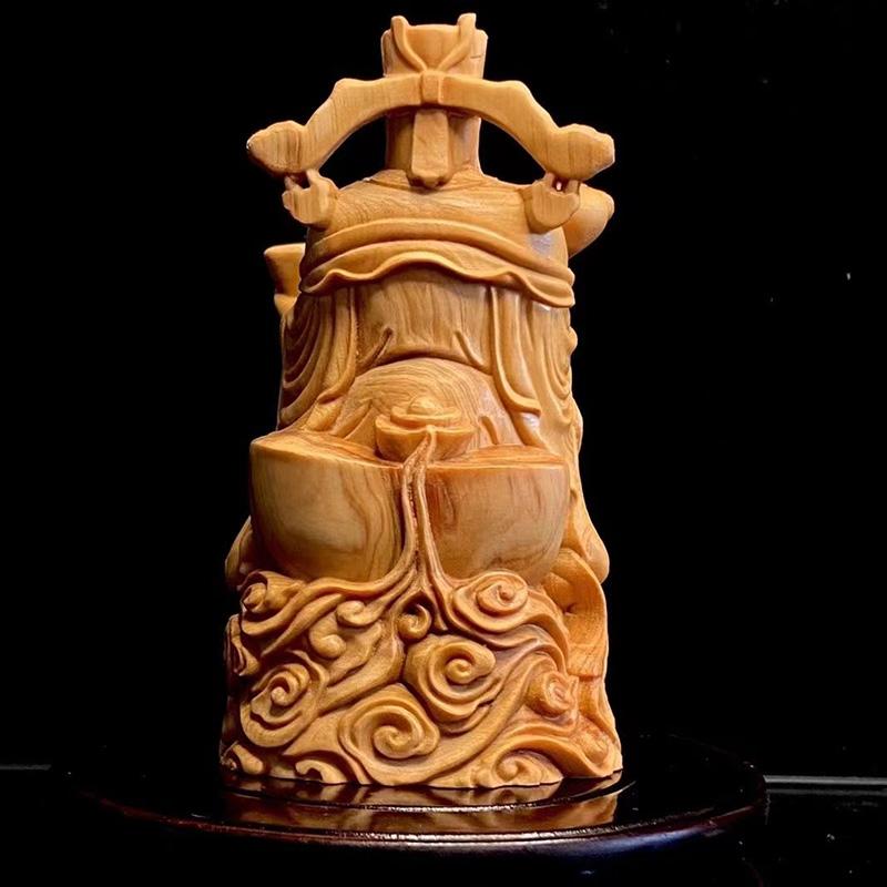 Natural Cypress God of Wealth Figure Statue Hand Carved Solid Wood Suitable For Home Room Office Gathering Wealth Statue