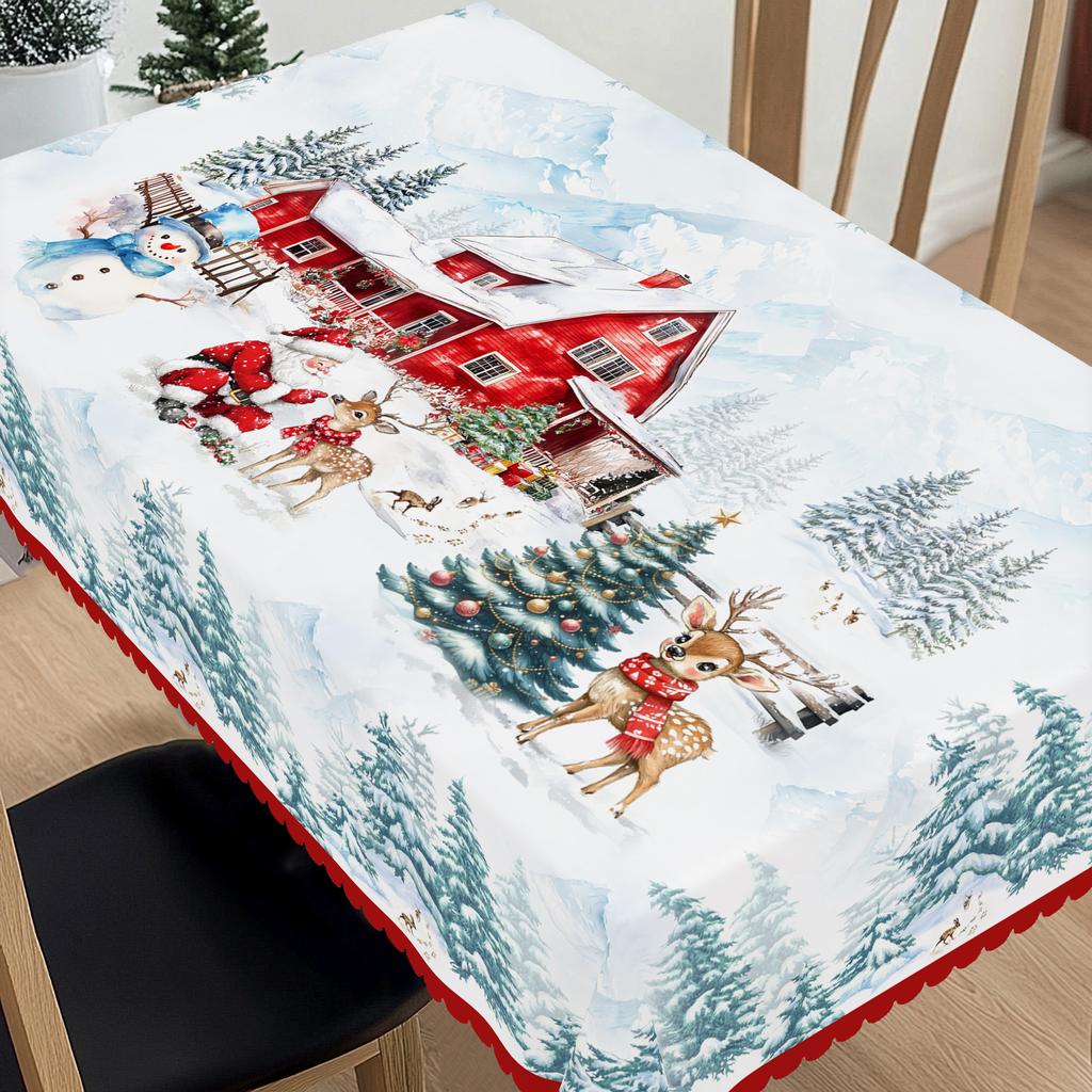 1 Piece Of Christmas Round And Rectangular Tablecloth, Available In Various Sizes, White Snow And Santa Claus Gift Box Snowflake White Tablecloth, Sui