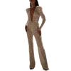 Frühling Sommer Damenmode V-Ausschnitt Gold Glitzer Langarm Lange Hosen Sexy Jumpsuit