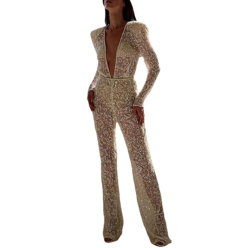 Frühling Sommer Damenmode V-Ausschnitt Gold Glitzer Langarm Lange Hosen Sexy Jumpsuit