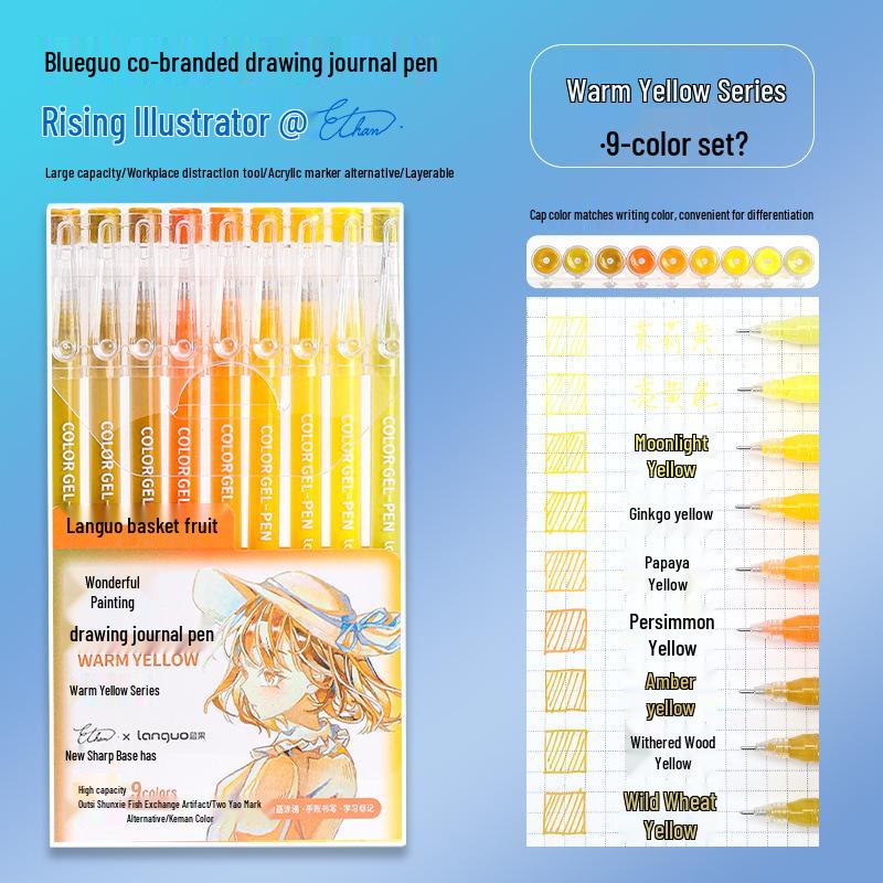 Blue Fruit Nine-Color Gel Journal Pens for Students - Doodle, Color, and Highlight with Fluorescent Markers