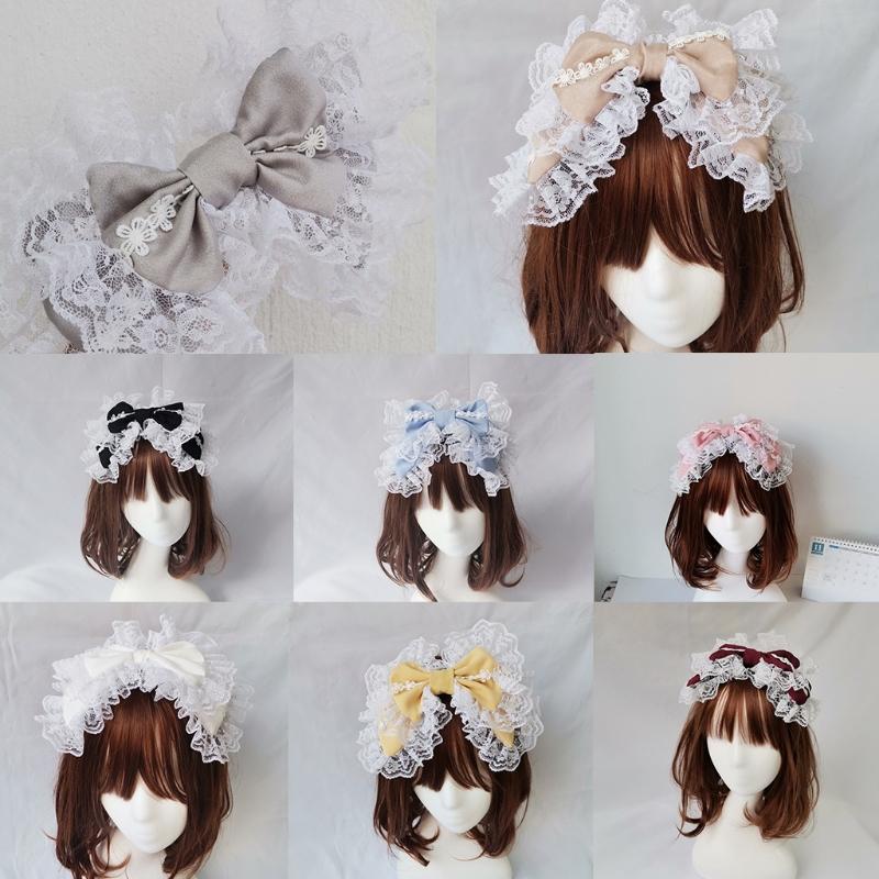 Lovely Sweet Hairband Maid Cosplay Headband Lolita Ruffled Lace Headwear Handmade Double Layer Bowknot Hair Accessory