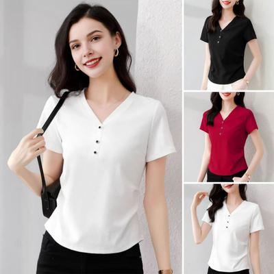 Kadın Tişört V Yaka Düğme Dekor Kısa Kollu Tişört Slim Fit Yumuşak Elastik Kazak Üstler İşe Gidiş Stili Üstler