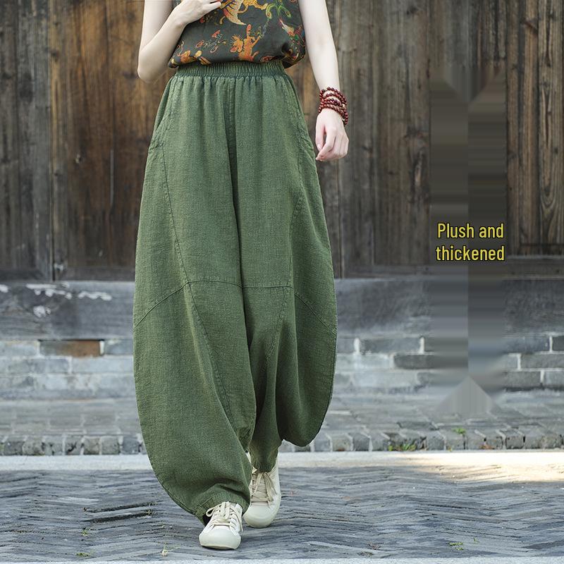 Women's Retro Ramie Sand-Washed Distressed Loose Lantern Pants for Meditation and Tai Chi