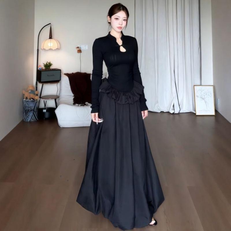 

Элегантное черное платье большого размера с длинным рукавом в китайском стиле, с приталенным силуэтом и юбкой-бутоном - Осенняя коллекция M (47.5-52.5 kg) чёрный