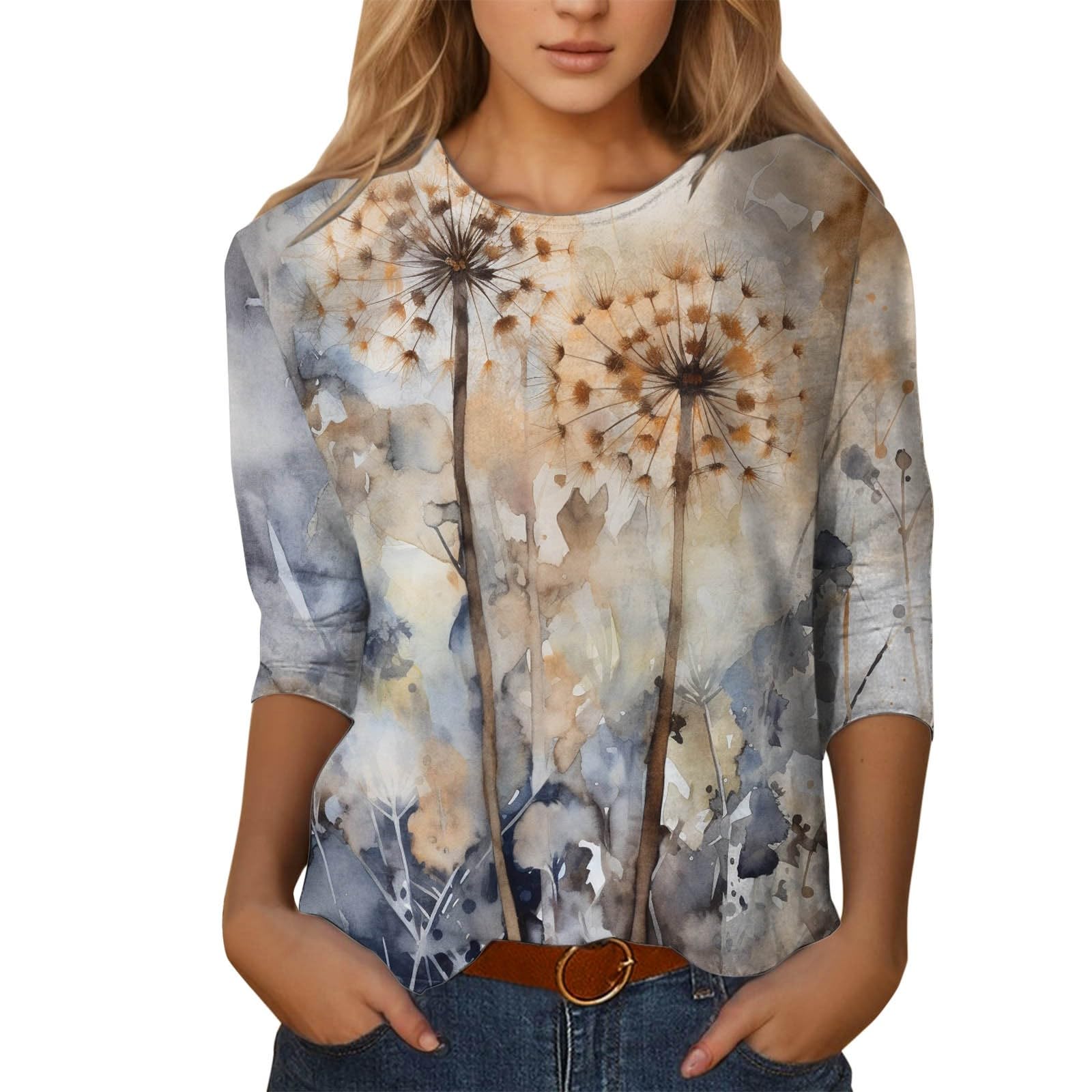 

Women s T-shirt 3d print retro ink flower print casual long sleeve round neck regular top daily print pink spring and autumn 8XL
