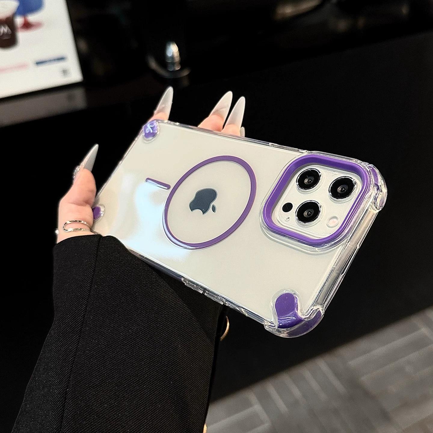 

Высококачественный Sense Simple Прозрачный Магнитная Адсорбция Четыре Угла Противоударный Мягкий для iPhone 16 Pro Max 15 Plus 14 Promax 13 12 11 Чехол 11Promax фиолетовый