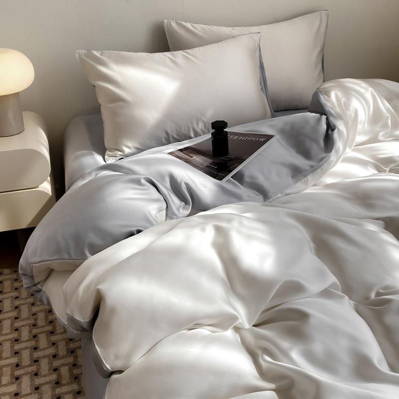 Summer Solid Color Ice Silk Four Piece Set Cool Feeling Bed Sheet Duvet Cover Three Piece Bedding Set For Dormitory Comfortable Bed Linen