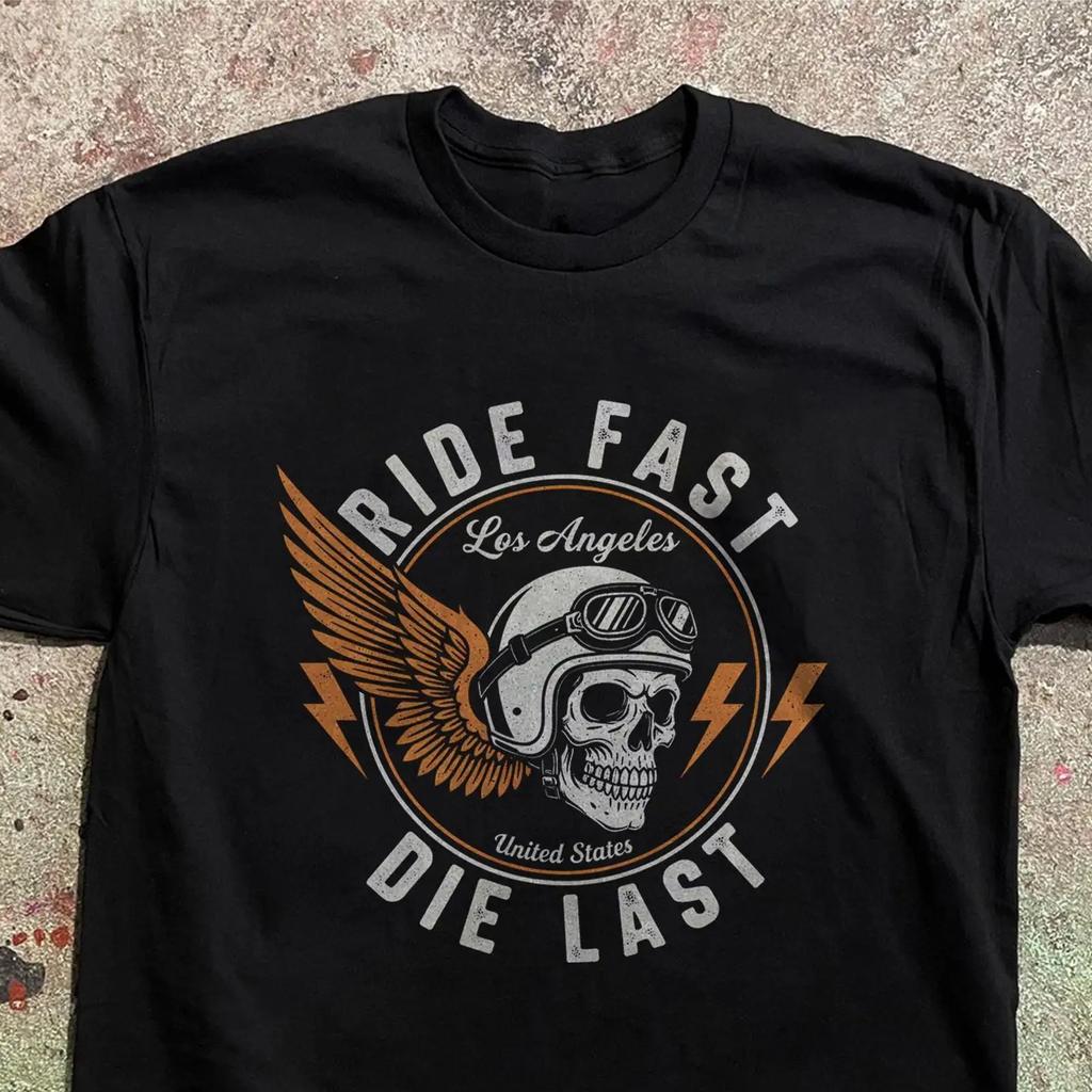 Vintage Motorcycle Skull T Shirt Ride Fast Die Last Design Vintage Comfortable Soft Designer Clothes Stretched Casual