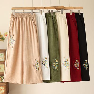 Summer Cotton and Linen Casual Women's Pants for Middle-aged and Elderly Thin Embroidered Wide Leg Pants Loose Cropped Pants