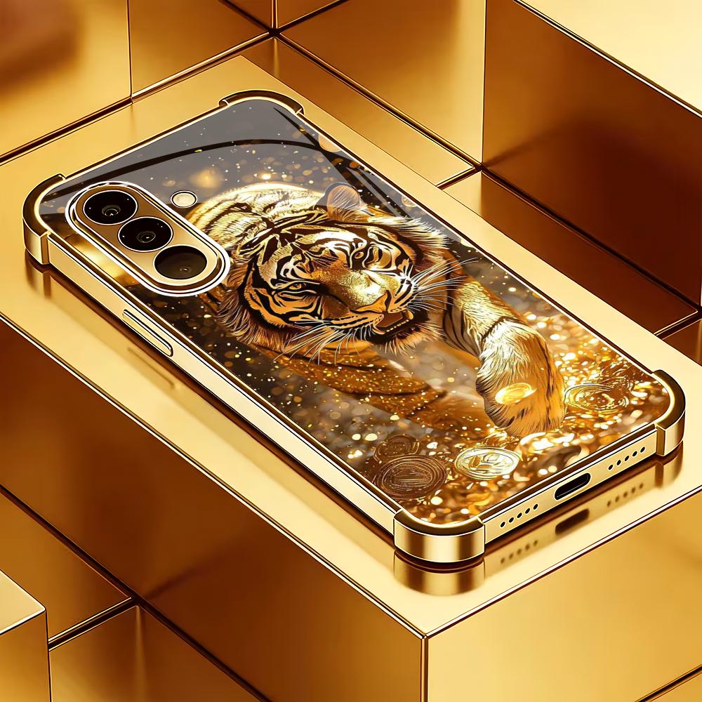 Golden tiger pattern glass phone case suitable for Samsung Galaxy S26 S25 S24 S23 S22 S20 FE/Ultra/Plus anti fall back cover