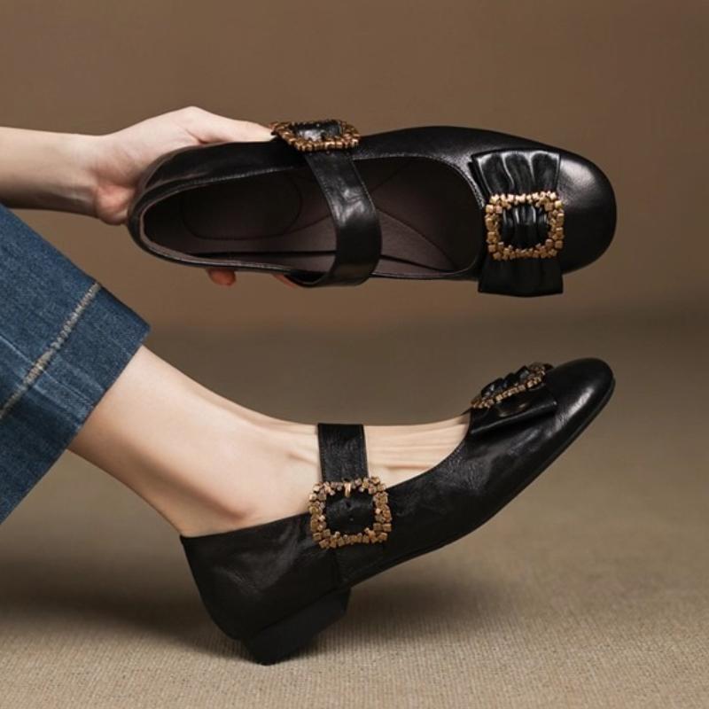 Fashion Retro Round Toe Metal Buckle Flat Mary Jane Shoes Women Fashion Round Toe Bow Low Heel Pumps Elegant Brand Designer Dress Shoes