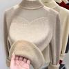 Winter Thick Sweater for Women with Velvet Half High Collar Bottom Shirt for Women