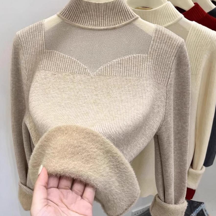 Winter Thick Sweater for Women with Velvet Half High Collar Bottom Shirt for Women
