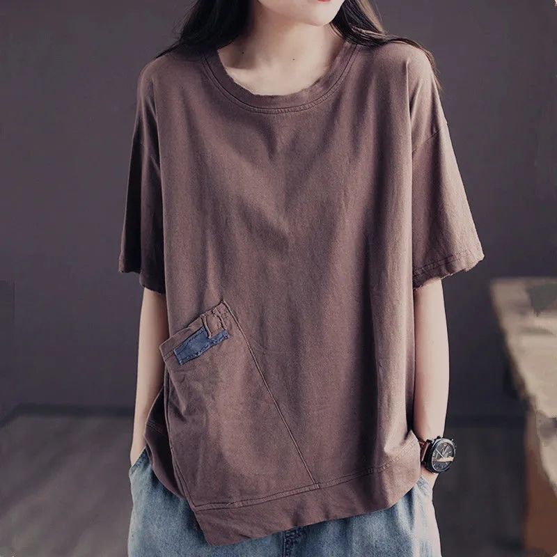 Summer Mom's Short Sleeved T-shirt Women's Korean Style Loose Fit Retro Short Sleeve T-shirt - Plus Size Summer Pullover Top