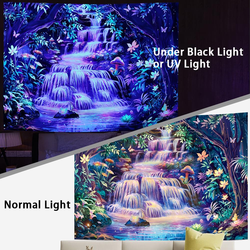 Amonercvita Blacklight Forest Tapestry Neon Tree Waterfall Tapestries UV Reactive Galaxy Space Tapestries Colorful Floral Plants Tapestry Wall