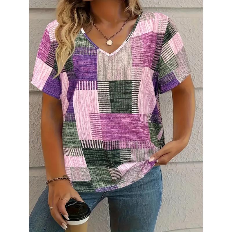 

Women s Geometric Print V-Neck T-Shirt - Casual Short Sleeve Top with Stretchy Fabric, Machine Washable, Spring Summer Fall Elegant Casual Wear L