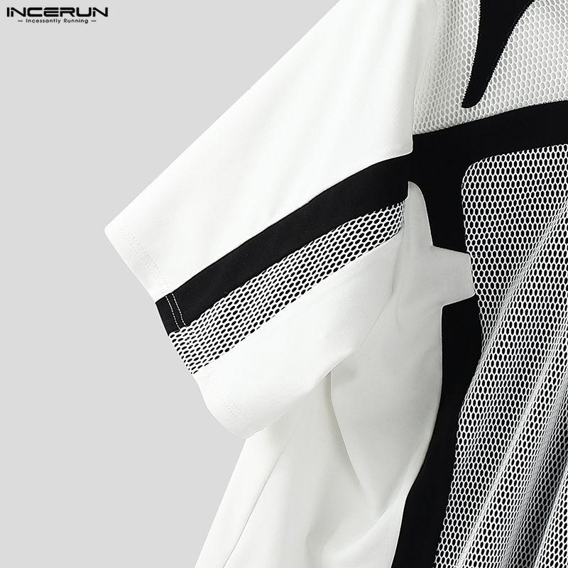 INCERUN Men T-Shirts V Collar Short Sleeve Netyarn Patchwork Casual Tops