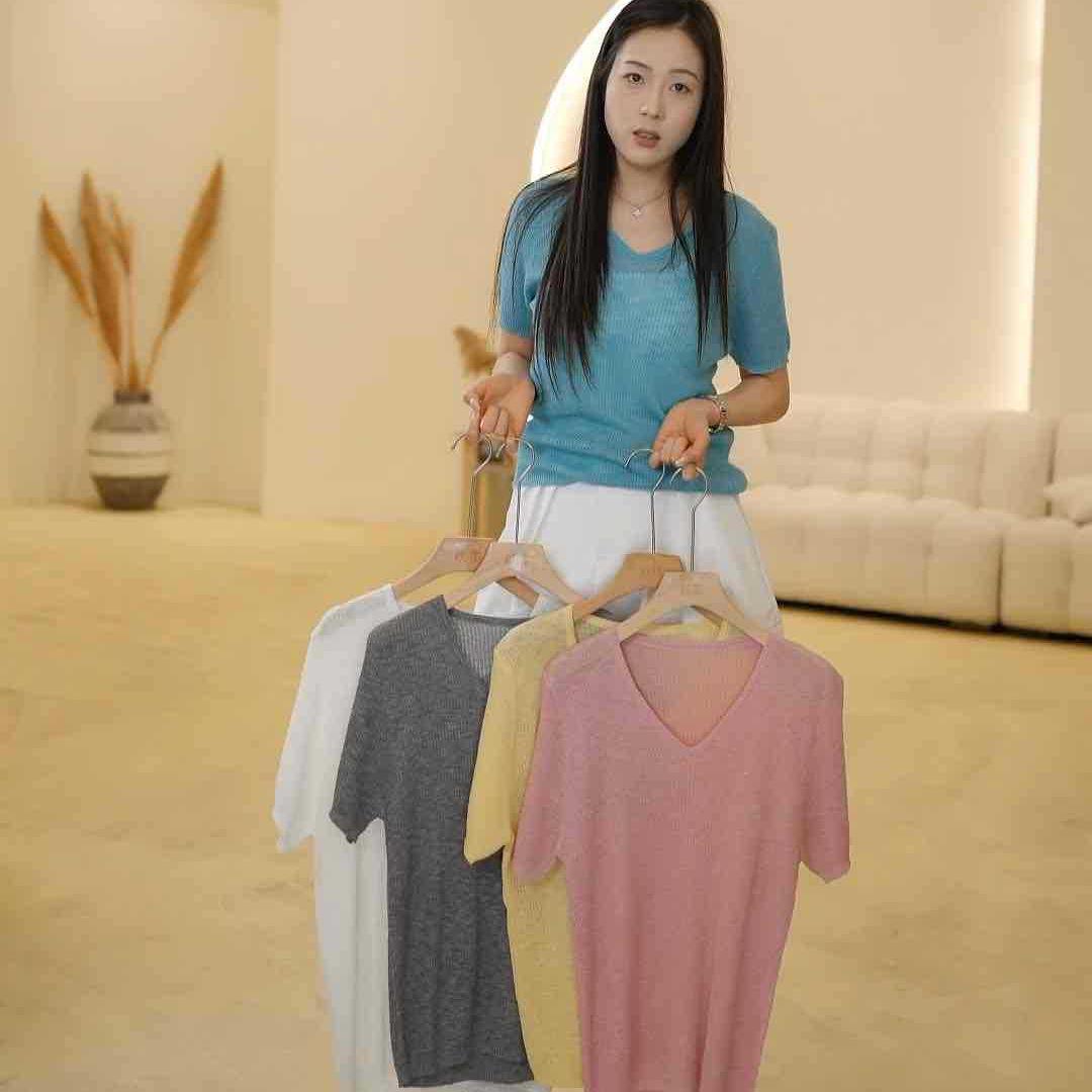 

V-Neck Paper Yarn Short Sleeve Versatile Top G One size розовый