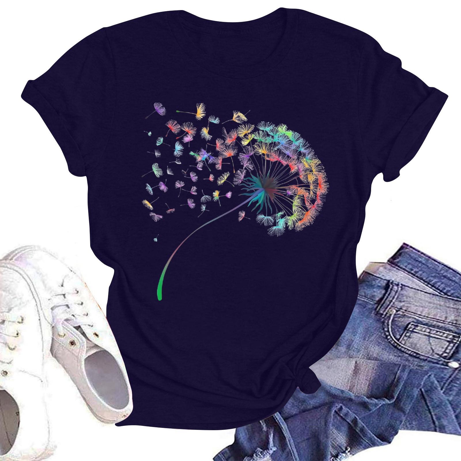 

Женская повседневная свободная футболка с принтом, круглый вырез, пуловер, короткий рукав, топ XXL тёмно-синий